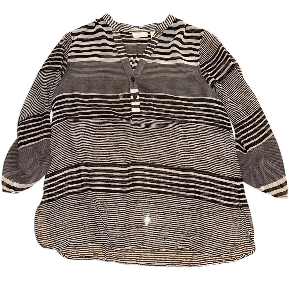 Chico’s Black White Striped Long Sleeve Lightweight Blouse 2